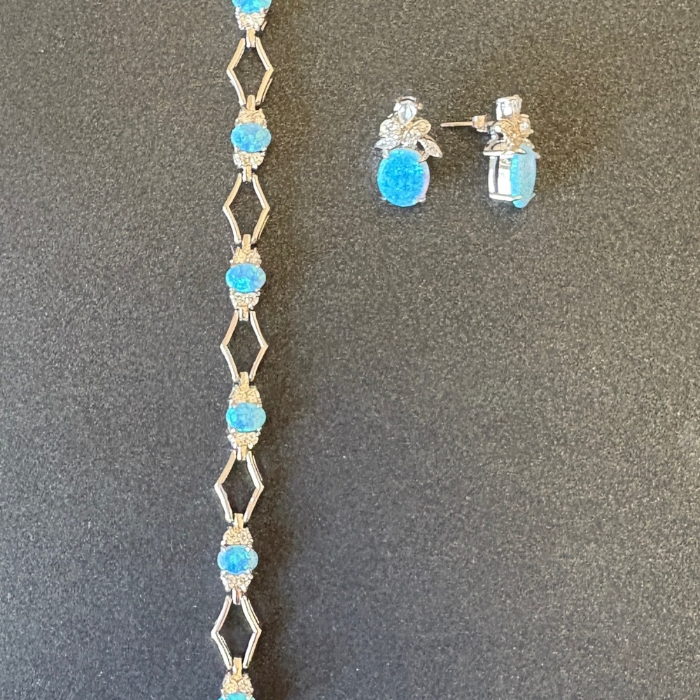 Blue Opal Stone Bracelet and Earrings Set - Women Jewelry